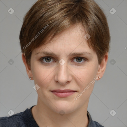 Joyful white young-adult female with short  brown hair and grey eyes