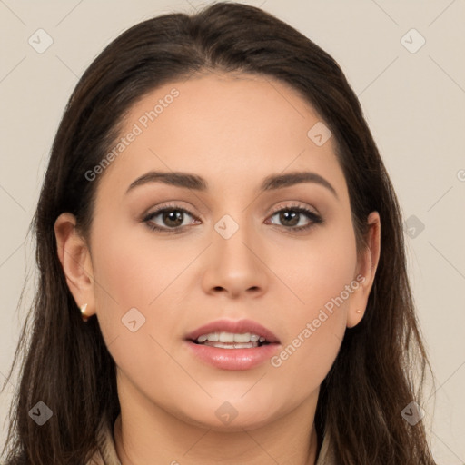 Neutral white young-adult female with long  brown hair and brown eyes