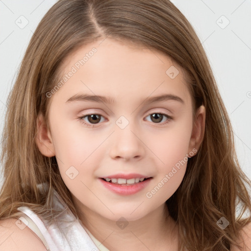 Joyful white child female with long  brown hair and brown eyes