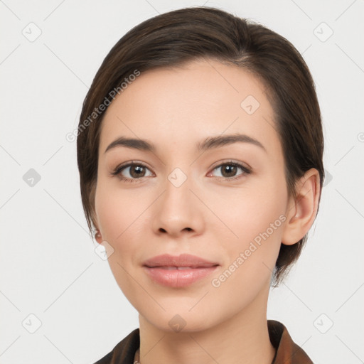 Neutral white young-adult female with medium  brown hair and brown eyes