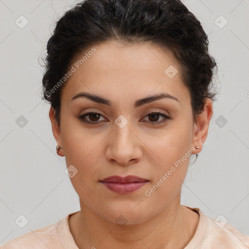 Joyful latino young-adult female with short  brown hair and brown eyes