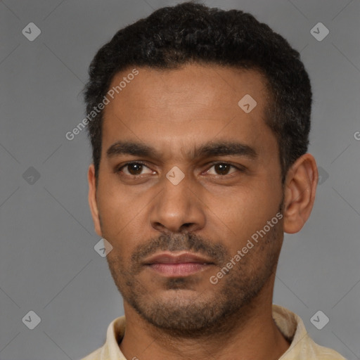 Neutral latino young-adult male with short  black hair and brown eyes