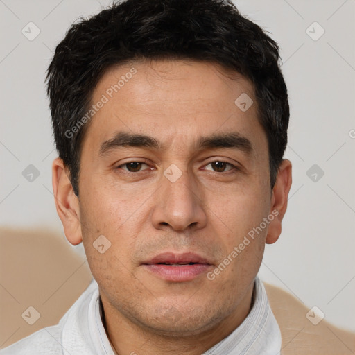 Neutral white adult male with short  black hair and brown eyes