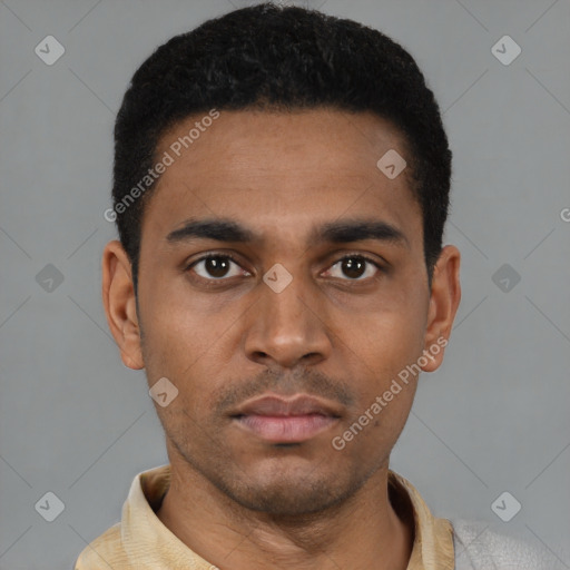 Neutral latino young-adult male with short  black hair and brown eyes