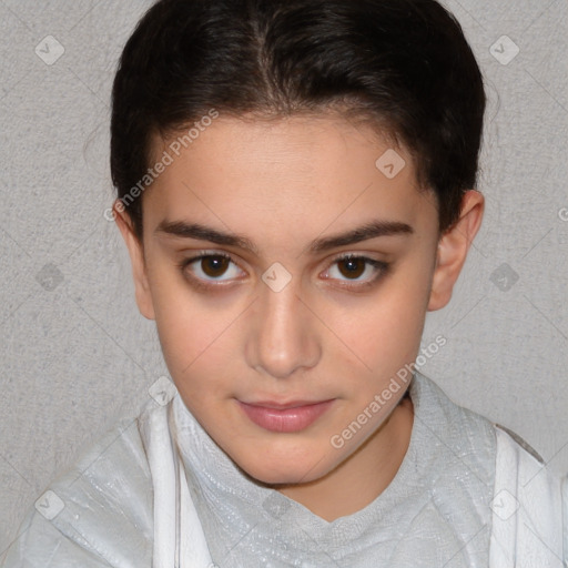 Joyful white child female with short  brown hair and brown eyes