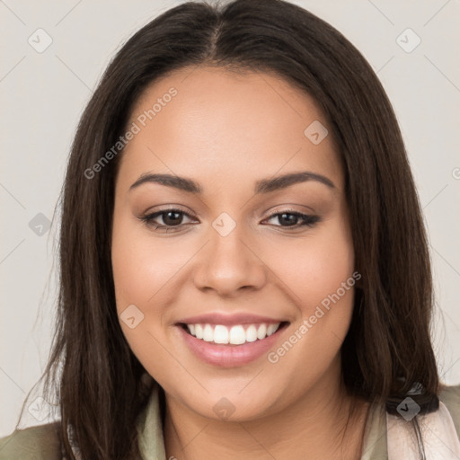 Joyful white young-adult female with long  brown hair and brown eyes