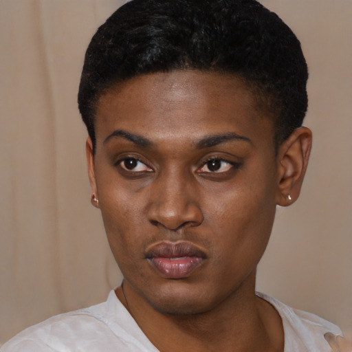Neutral black young-adult female with short  black hair and brown eyes