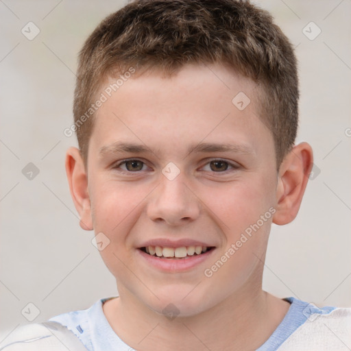 Joyful white child male with short  brown hair and brown eyes