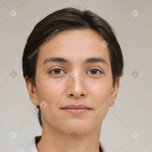 Neutral white young-adult female with short  brown hair and brown eyes