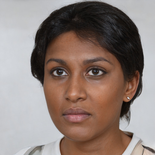 Neutral black young-adult female with medium  brown hair and brown eyes