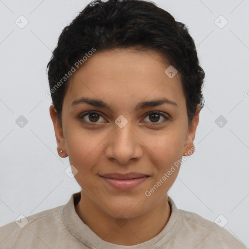 Joyful latino young-adult female with short  brown hair and brown eyes