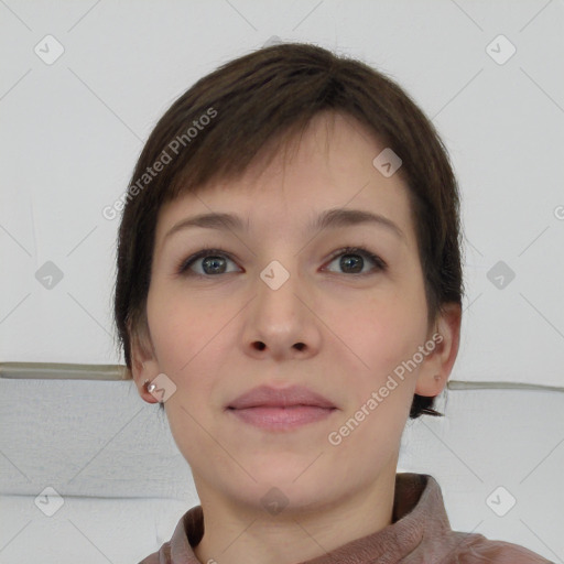 Neutral white young-adult female with short  brown hair and brown eyes