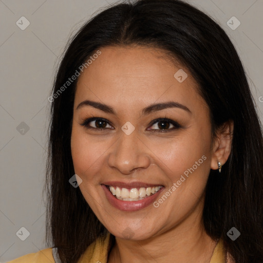 Joyful white young-adult female with long  brown hair and brown eyes