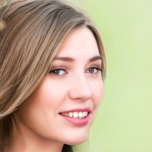 Joyful white young-adult female with long  brown hair and green eyes