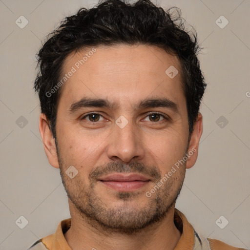 Joyful white young-adult male with short  black hair and brown eyes