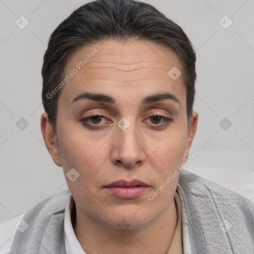 Joyful white adult female with short  brown hair and brown eyes