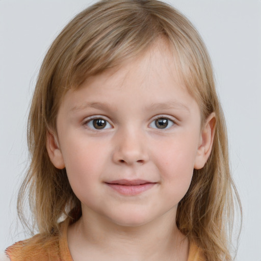 Neutral white child female with medium  brown hair and grey eyes