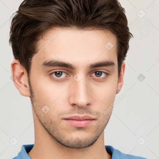 Neutral white young-adult male with short  brown hair and brown eyes