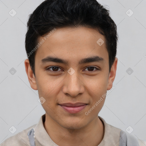 Joyful latino young-adult male with short  black hair and brown eyes