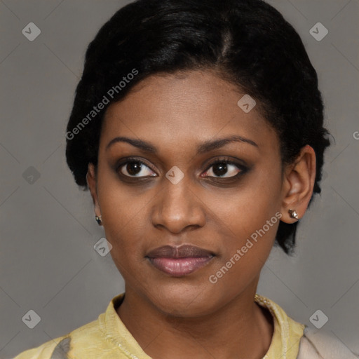 Joyful latino young-adult female with short  black hair and brown eyes