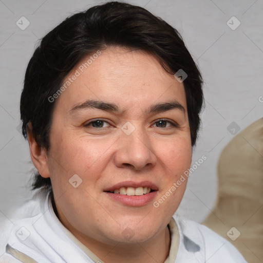 Joyful white adult female with medium  brown hair and brown eyes