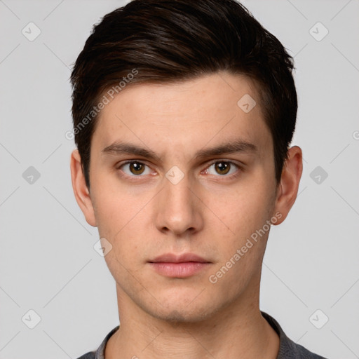 Neutral white young-adult male with short  brown hair and brown eyes