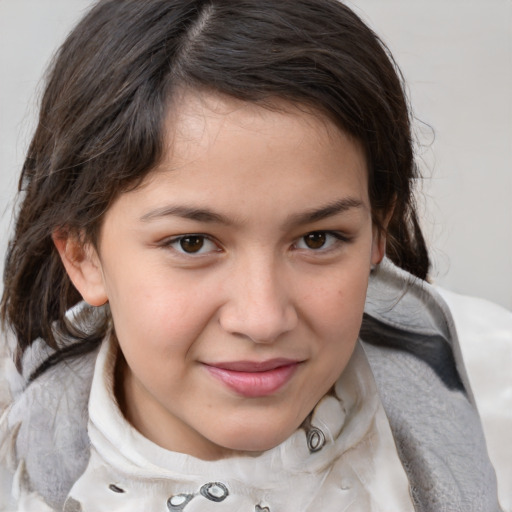 Joyful white child female with medium  brown hair and brown eyes