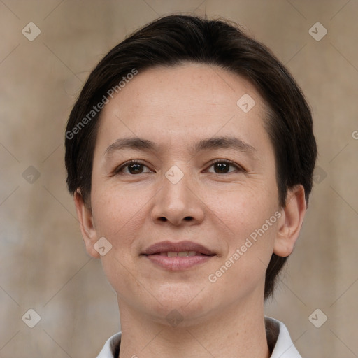 Joyful white young-adult female with short  brown hair and brown eyes