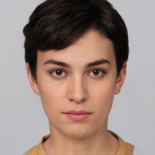 Neutral white young-adult female with short  brown hair and brown eyes