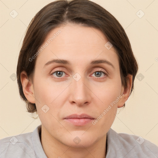 Neutral white young-adult female with medium  brown hair and grey eyes