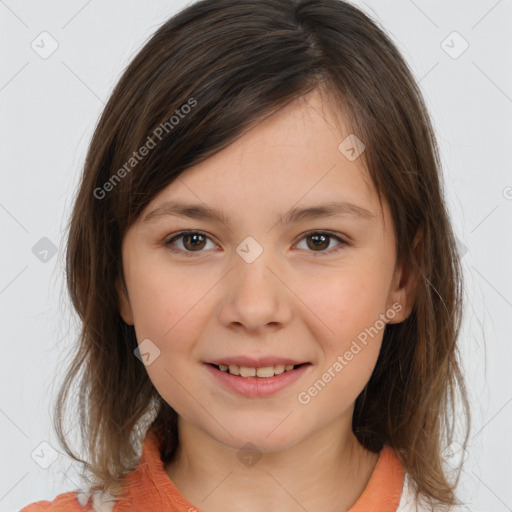 Joyful white child female with medium  brown hair and brown eyes