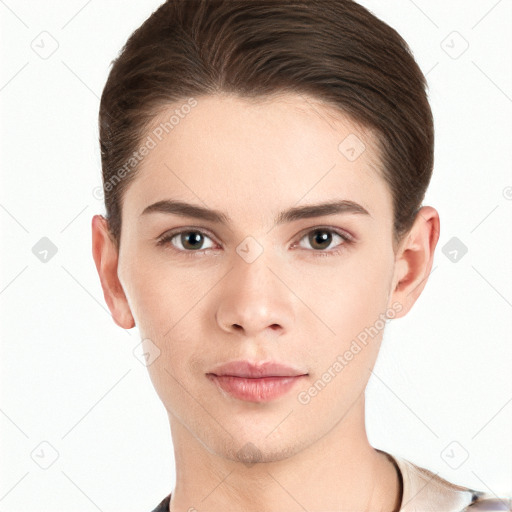 Neutral white young-adult female with short  brown hair and brown eyes