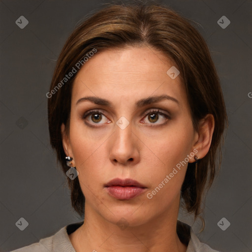 Neutral white young-adult female with medium  brown hair and brown eyes