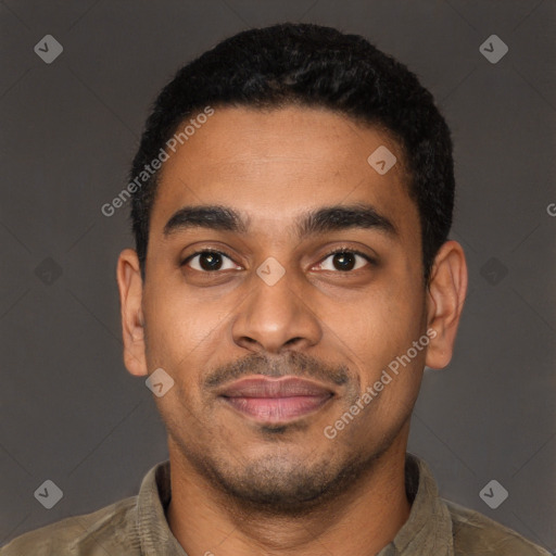 Joyful latino young-adult male with short  black hair and brown eyes