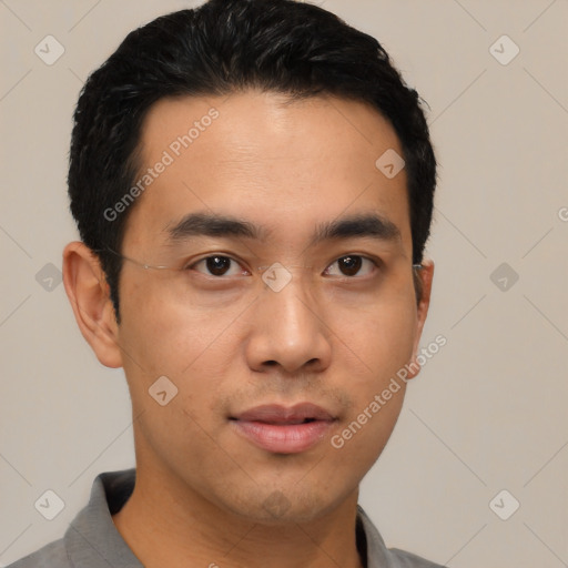 Neutral asian young-adult male with short  black hair and brown eyes