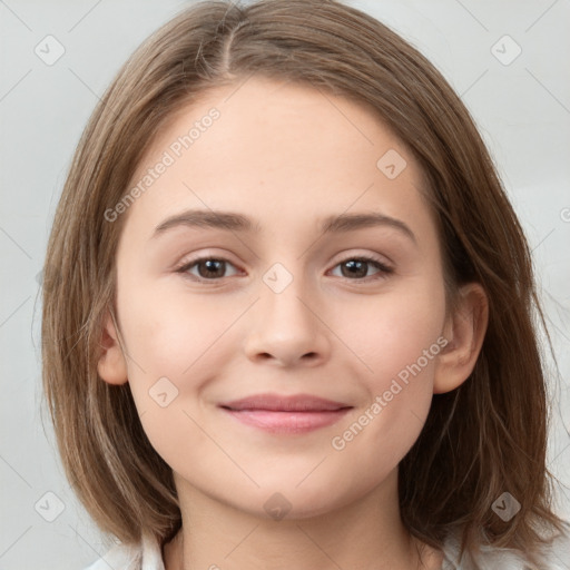 Joyful white child female with medium  brown hair and grey eyes