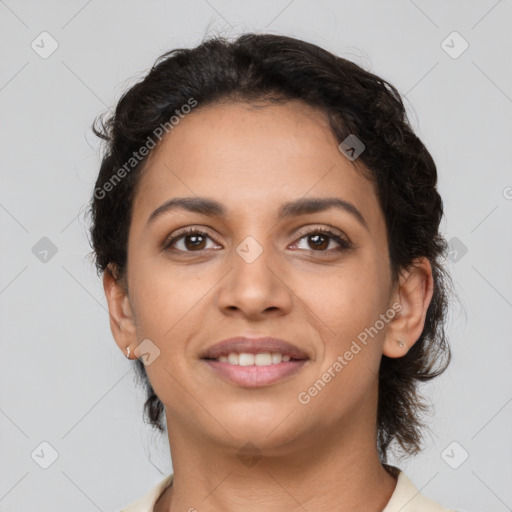 Joyful latino young-adult female with short  brown hair and brown eyes