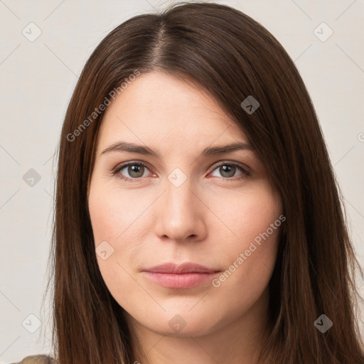 Neutral white young-adult female with long  brown hair and brown eyes