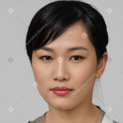 Neutral asian young-adult female with short  black hair and brown eyes