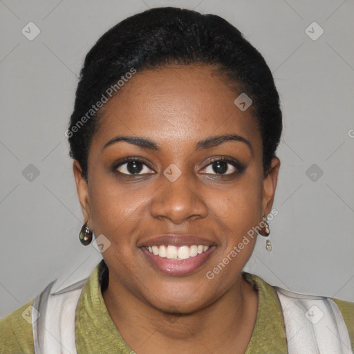 Joyful latino young-adult female with short  black hair and brown eyes