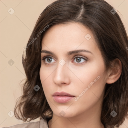 Neutral white young-adult female with medium  brown hair and brown eyes