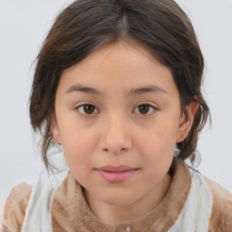 Joyful white child female with medium  brown hair and brown eyes