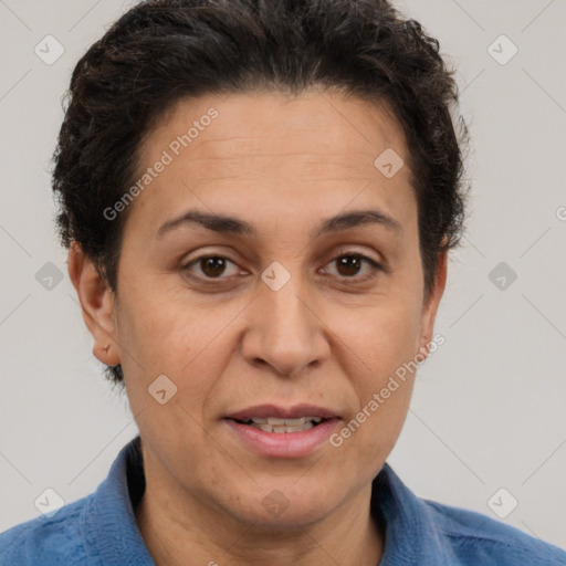 Joyful white adult female with short  brown hair and brown eyes