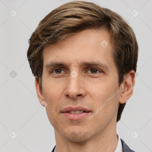 Joyful white adult male with short  brown hair and grey eyes