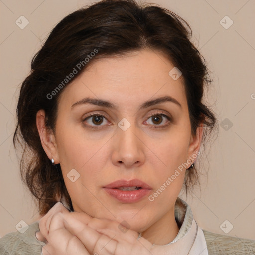 Neutral white young-adult female with medium  brown hair and brown eyes