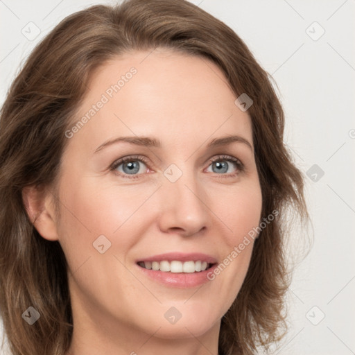 Joyful white young-adult female with medium  brown hair and green eyes