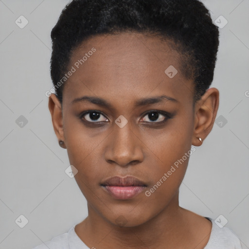 Neutral black young-adult female with short  black hair and brown eyes