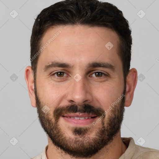 Joyful white young-adult male with short  brown hair and brown eyes