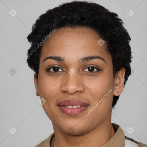 Joyful latino young-adult female with short  black hair and brown eyes