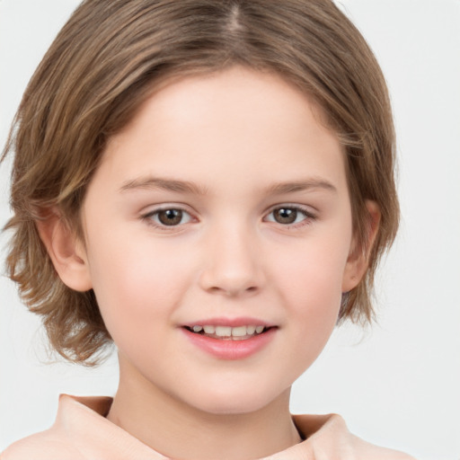 Joyful white child female with medium  brown hair and brown eyes